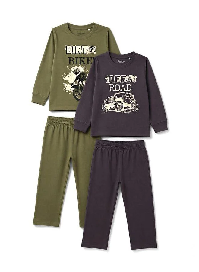 Primo Gino Primo Gino 100% Cotton Knit Car Printed Full Sleeves T-Shirt With Pajama Night Suit (Pack of 2) - Olive Green/Grey