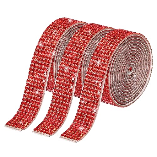 MECCANIXITY 3 Roll 3 Yard 12mm Self Adhesive Crystal Rhinestone Diamond Ribbon for Arts Crafts Project Wedding Cakes Birthday Decorations Red - Image 1