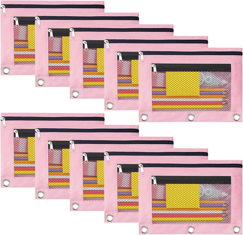 Pencil Pouch 3 Ring, Zipper Pencil Pouches Case Binder Cosmetic Bag 10 Pack
