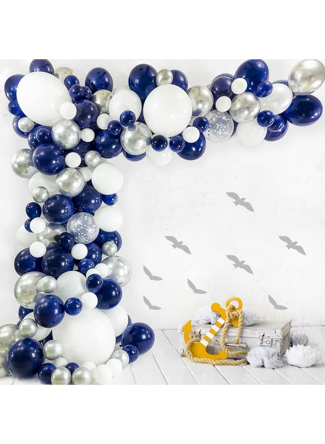 جانينوس مجموعة قوس البالونات باللون الأزرق الداكن والفضي، 130 قطعة من بالونات اللاتكس ذات القصاصات البيضاء الفضية بأحجام مختلفة لحفلات التخرج والرجبي وحفلات استقبال المولود وحفلات الزفاف وأعياد الميلاد - Image 2