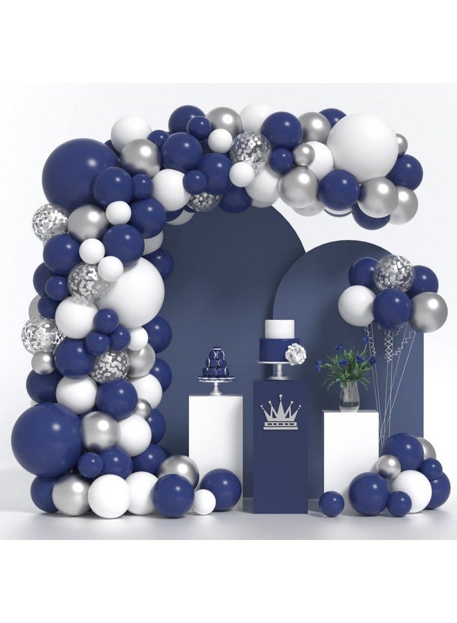 جانينوس مجموعة قوس البالونات باللون الأزرق الداكن والفضي، 130 قطعة من بالونات اللاتكس ذات القصاصات البيضاء الفضية بأحجام مختلفة لحفلات التخرج والرجبي وحفلات استقبال المولود وحفلات الزفاف وأعياد الميلاد - Image 1