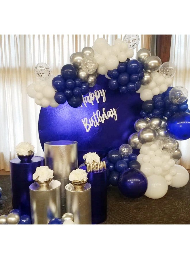 جانينوس مجموعة قوس البالونات باللون الأزرق الداكن والفضي، 130 قطعة من بالونات اللاتكس ذات القصاصات البيضاء الفضية بأحجام مختلفة لحفلات التخرج والرجبي وحفلات استقبال المولود وحفلات الزفاف وأعياد الميلاد - Image 5