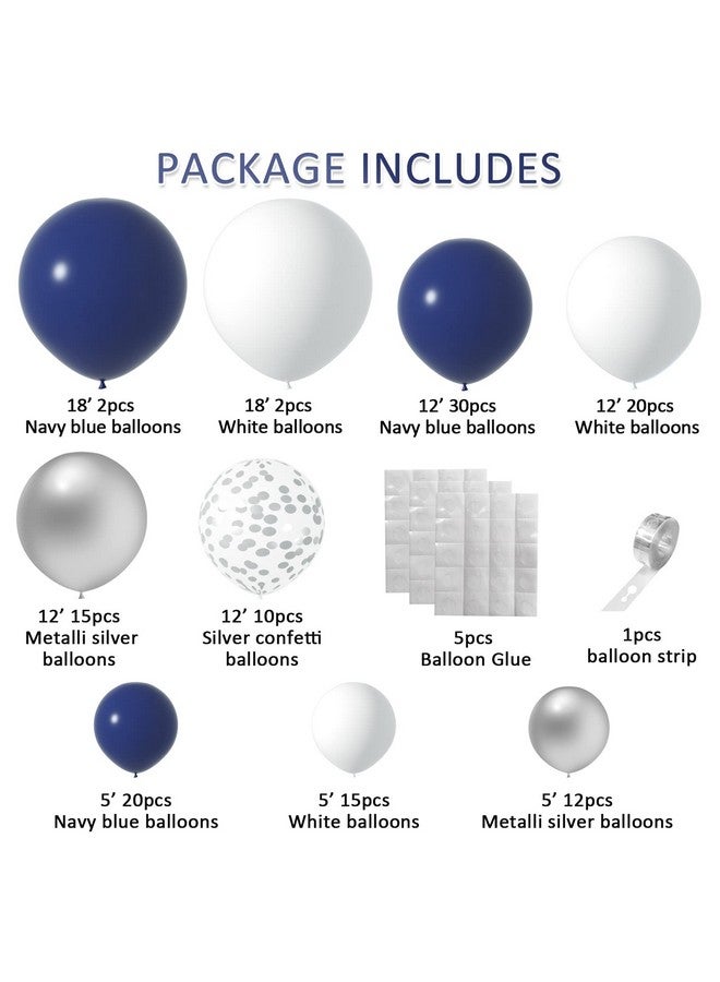 جانينوس مجموعة قوس البالونات باللون الأزرق الداكن والفضي، 130 قطعة من بالونات اللاتكس ذات القصاصات البيضاء الفضية بأحجام مختلفة لحفلات التخرج والرجبي وحفلات استقبال المولود وحفلات الزفاف وأعياد الميلاد - Image 3