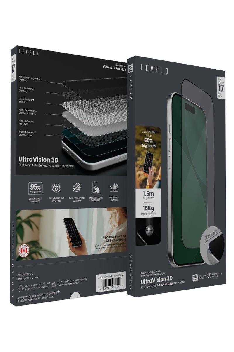 ليفيلو واقي شاشة UltraVision 3D AR 9H لهاتف iPhone 17 Pro max مع اختبار السقوط من ارتفاع 1.5 متر وشفافية 95% / رؤية فائقة الوضوح / طلاء مقاوم للزيوت / مقاوم للصدمات حتى وزن 15 كجم / طلاء مضاد للانعكاس - شفاف