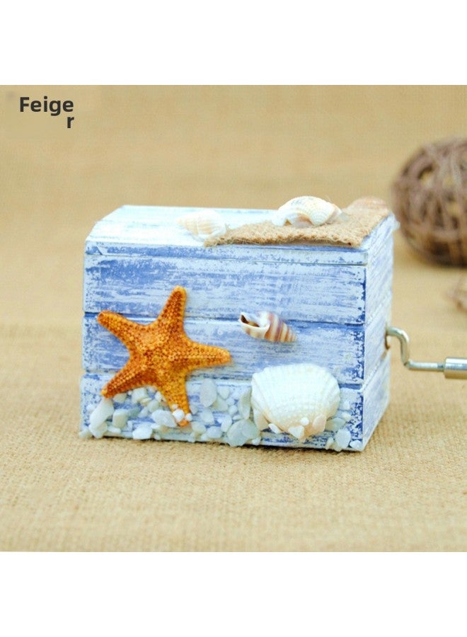 Feige Mediterranean Hand Music Box Wooden Mini Music Box Sky City Creative Gift Children-Color:Starfish Shell + Fabric-Dimensions:Music Sky City - Image 1