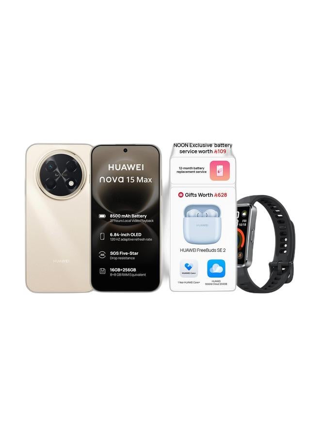 HUAWEI nova 15 Max Dual SIM Blush Gold Smartphone 8+8GB RAM + 256GB with Free FreeBuds SE 2 & Exclusive Battery Service & 1 Year HUAWEI Care (Virtual)  - Middle East Version & Band 10 Smartwatch, Metallic Design, iOS Android, Pro-Level Sleep Analysis, Fast Charging And Robust Battery Life, Sleek Aluminum Alloy Case Matte Black Bundle - Image 1