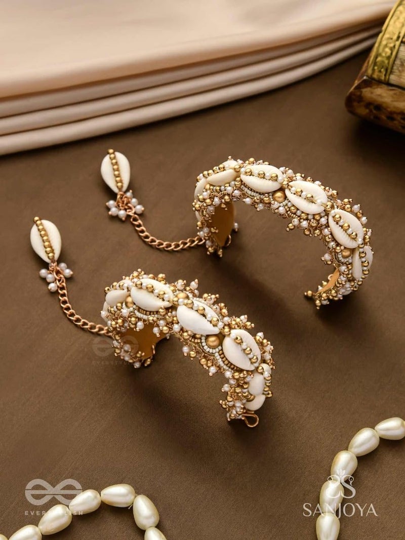 SANJOYA by EVERSTYLISH Embroidered Cuff Bracelets for Women | Shell & Beaded Statement Bangles (Set of 2) | Ethnic Jewelry for Weddings & Festive Occasions - Image 2