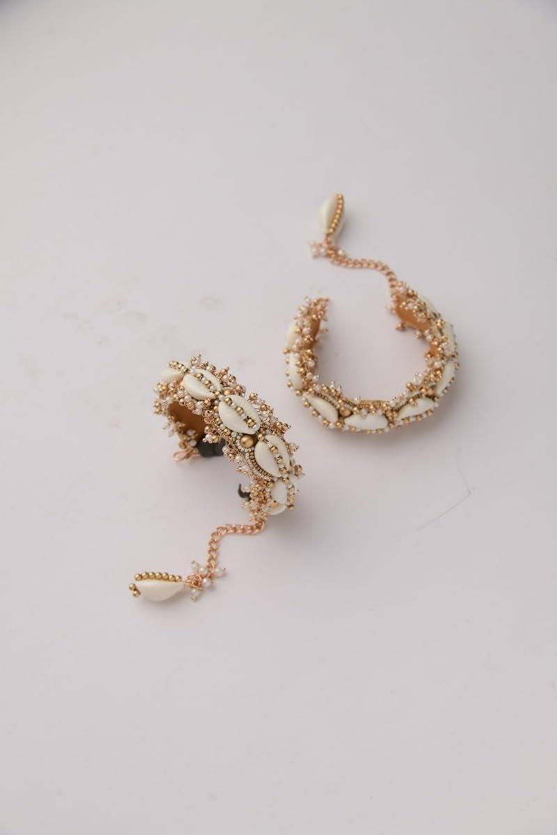 SANJOYA by EVERSTYLISH Embroidered Cuff Bracelets for Women | Shell & Beaded Statement Bangles (Set of 2) | Ethnic Jewelry for Weddings & Festive Occasions - Image 1