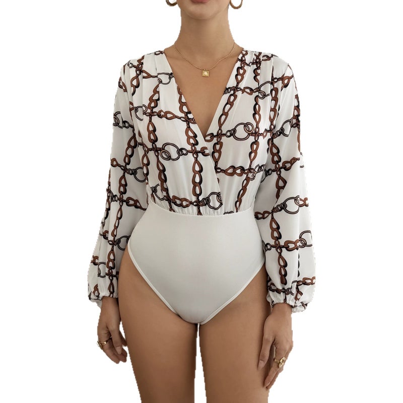 Women's Chain Print Jumpsuit with Long Puff Sleeves - Image 5