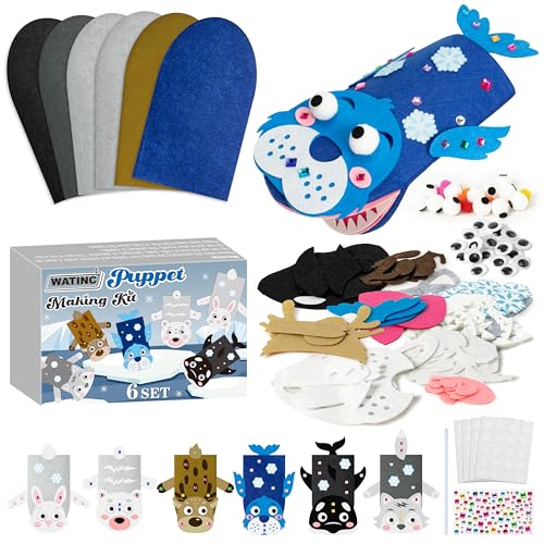 WATINC 6Pcs Hand Puppet Making Kit Art Craft Felt Sock Puppet Toys Creative DIY Make Your Own Pompoms Wiggle Googly Eyes Storytelling Role Play Party Supplies Gift for Girls Boys Polar Animals A - Image 1