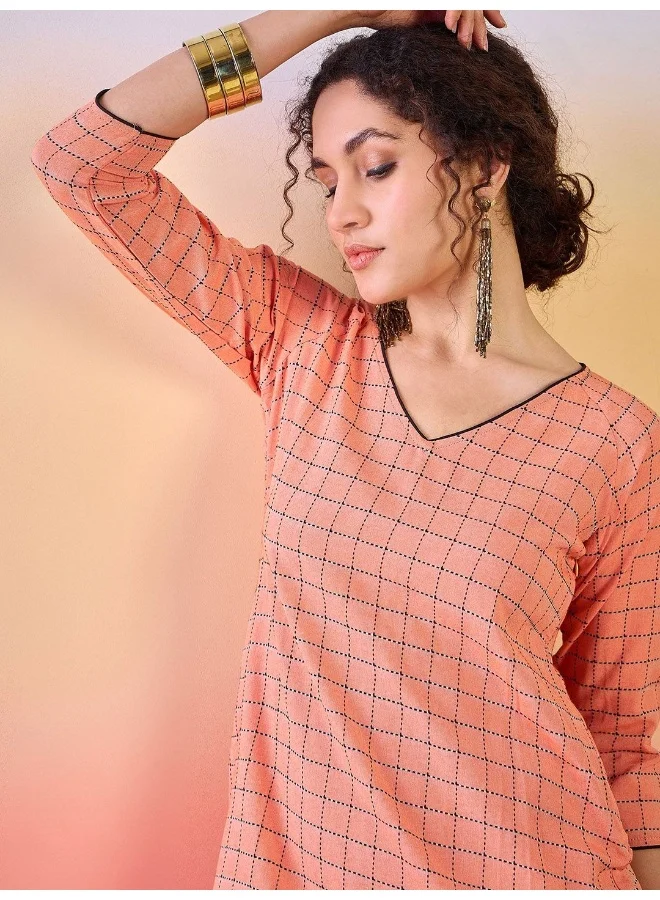 AKS V Neck Checked Printed Cotton A-Line Dress