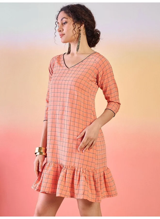 AKS V Neck Checked Printed Cotton A-Line Dress