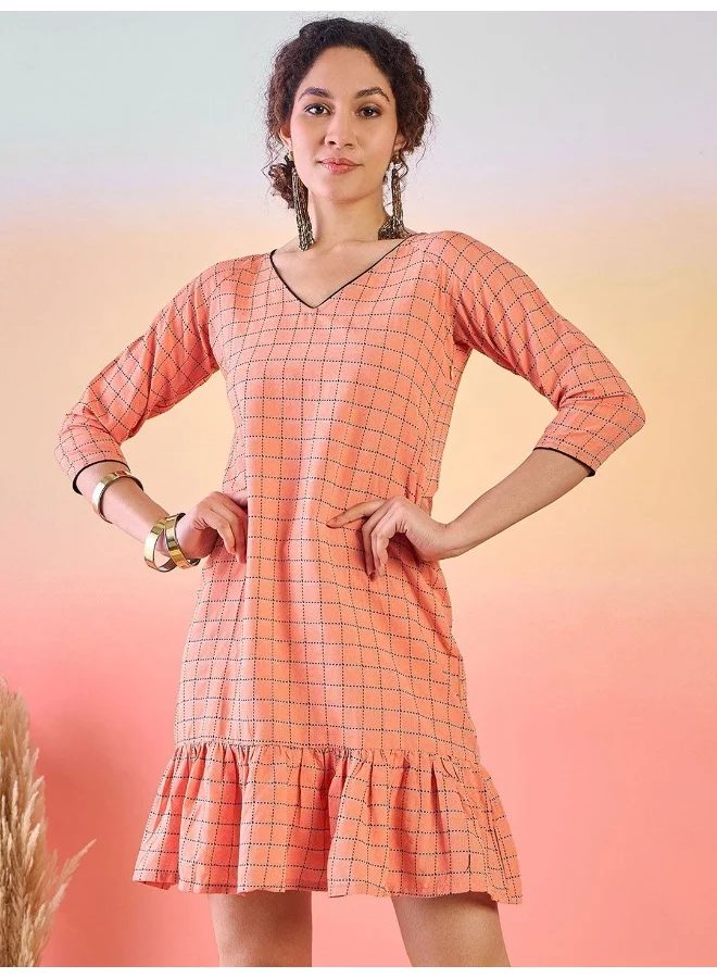 AKS V Neck Checked Printed Cotton A-Line Dress