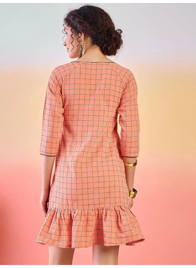 AKS V Neck Checked Printed Cotton A-Line Dress