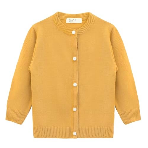 Lilax Little Girls' Knit Basic Cardigan, Long Sleeve Button Up Sweater Mustard 10 Years - Image 1