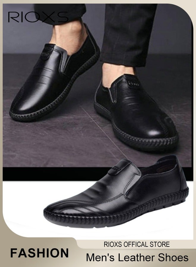 RIOXS Men's Business Leather Shoes, Black Formal Shoes For Men, Round Toe Oxford Shoes, Stylish Classic Loafer, Comfortable Formal Loafer Shoes, Lightweight Walking Flats, Non Slip Work Shoes For Daddy Husband Boyfriend, Business Shoes For Daily Wear And Formal Occasions  - Image 1