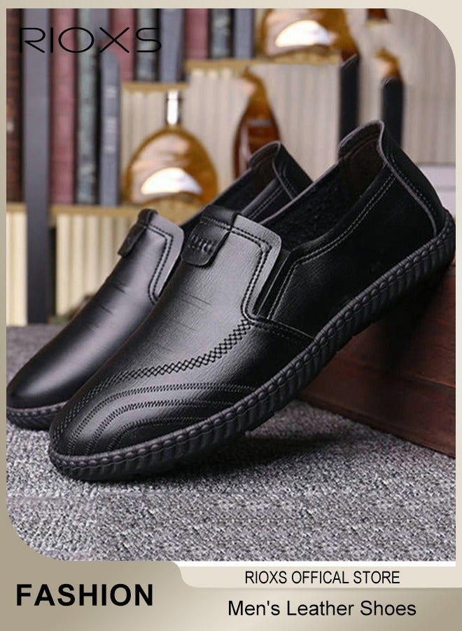 RIOXS Men's Business Leather Shoes, Black Formal Shoes For Men, Round Toe Oxford Shoes, Stylish Classic Loafer, Comfortable Formal Loafer Shoes, Lightweight Walking Flats, Non Slip Work Shoes For Daddy Husband Boyfriend, Business Shoes For Daily Wear And Formal Occasions  - Image 2