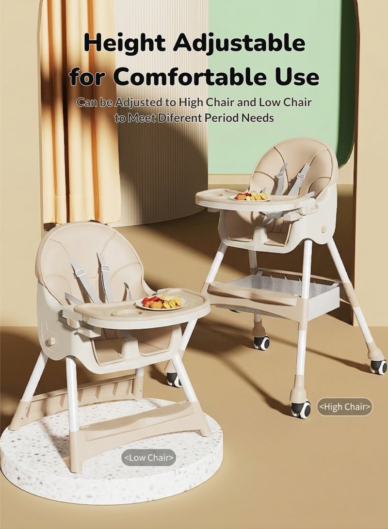 KOYIS 3-in-1 Convertible Kids High Chair – Adjustable Height & Footrest, Foldable Baby Toddler Feeding Booster Seat with Food Tray, Safety Belt, Cushion, Wheels & Storage Tray, From 6 months to 6 years old - Beige - Image 2