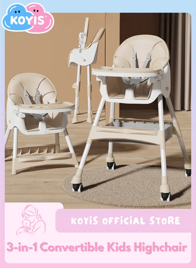 KOYIS 3-in-1 Convertible Kids High Chair – Adjustable Height & Footrest, Foldable Baby Toddler Feeding Booster Seat with Food Tray, Safety Belt, Cushion, Wheels & Storage Tray, From 6 months to 6 years old - Beige - Image 1