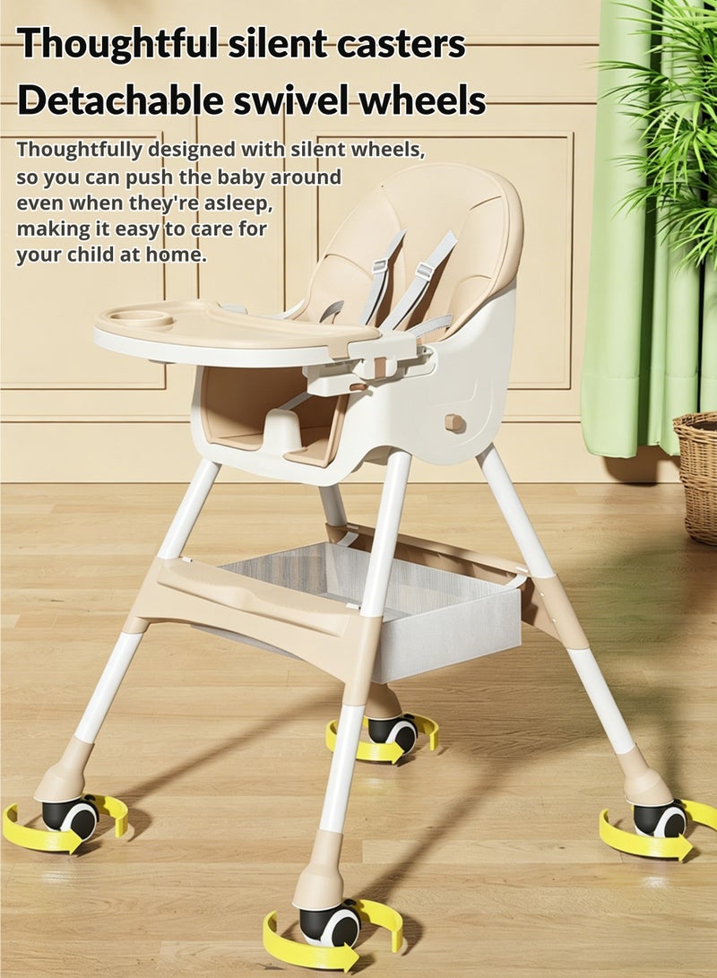 KOYIS 3-in-1 Convertible Kids High Chair – Adjustable Height & Footrest, Foldable Baby Toddler Feeding Booster Seat with Food Tray, Safety Belt, Cushion, Wheels & Storage Tray, From 6 months to 6 years old - Beige - Image 5