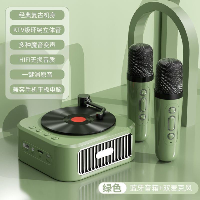 Microphone Vinyl Record Player Bluetooth Speaker Retro Record Player Rechargeable Card-Insertable Portable Karaoke Bluetooth Speaker - Image 1