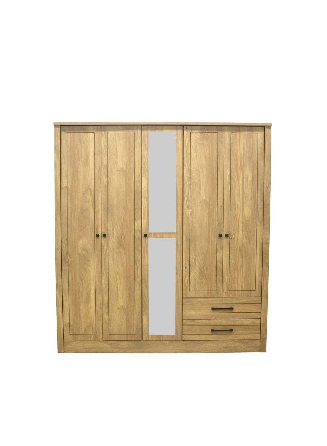 DANUBE HOME خزانة أثينا ذات 5 أبواب مع أدراج ومرآة لتعليق الملابس، رف تخزين قوي إضافي، منظم حديث بتصميم موفر للمساحة، خزائن لغرفة النوم - بلون البلوط الفاتح - Image 1