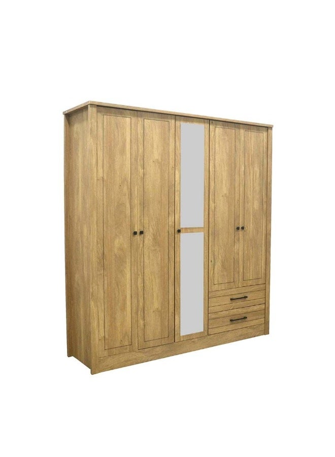DANUBE HOME خزانة أثينا ذات 5 أبواب مع أدراج ومرآة لتعليق الملابس، رف تخزين قوي إضافي، منظم حديث بتصميم موفر للمساحة، خزائن لغرفة النوم - بلون البلوط الفاتح - Image 3