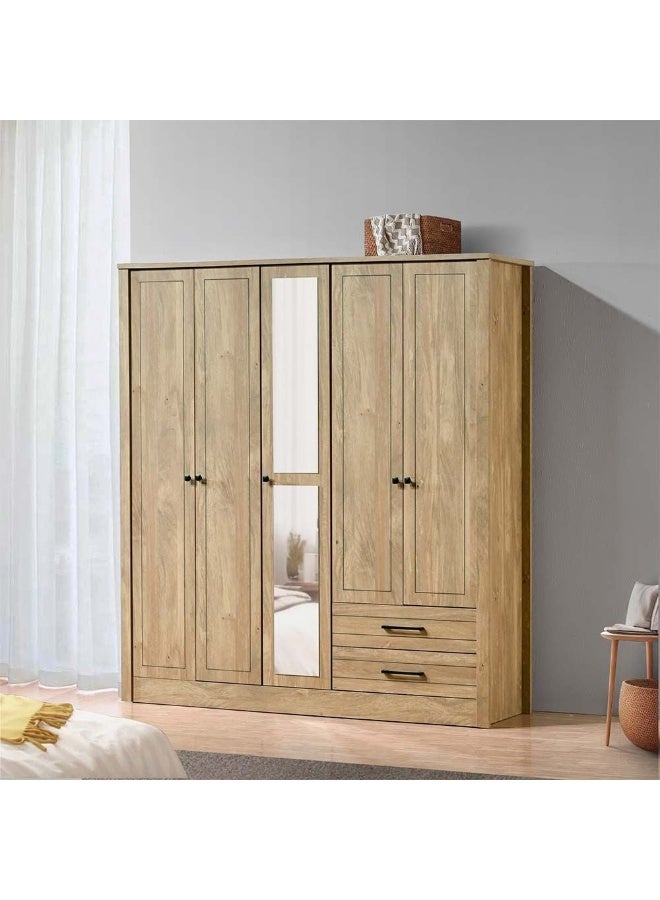 DANUBE HOME خزانة أثينا ذات 5 أبواب مع أدراج ومرآة لتعليق الملابس، رف تخزين قوي إضافي، منظم حديث بتصميم موفر للمساحة، خزائن لغرفة النوم - بلون البلوط الفاتح - Image 2