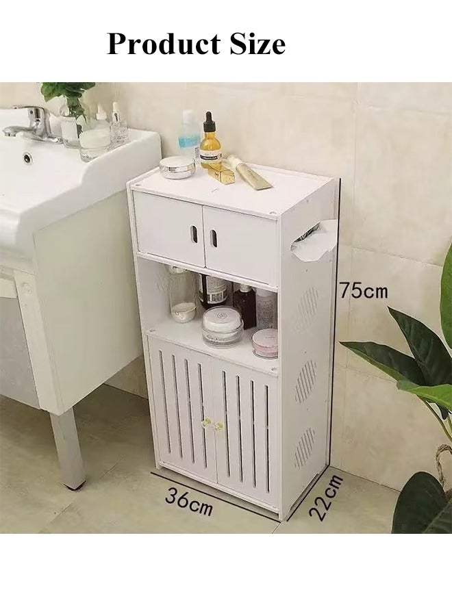 Bathroom Cabinet With Tissue Drawers, 4Tier Waterproof Bathroom Storage Rack, Bathroom Floor Storage Cabinet, Freestanding Bathroom Storage Shelf, Multifunctional Bathroom Cabinet, Storage Organizer with Open Storage shelves and Double Door, Cupboard for Bathroom Living Room Kitchen Corridor  - Image 2