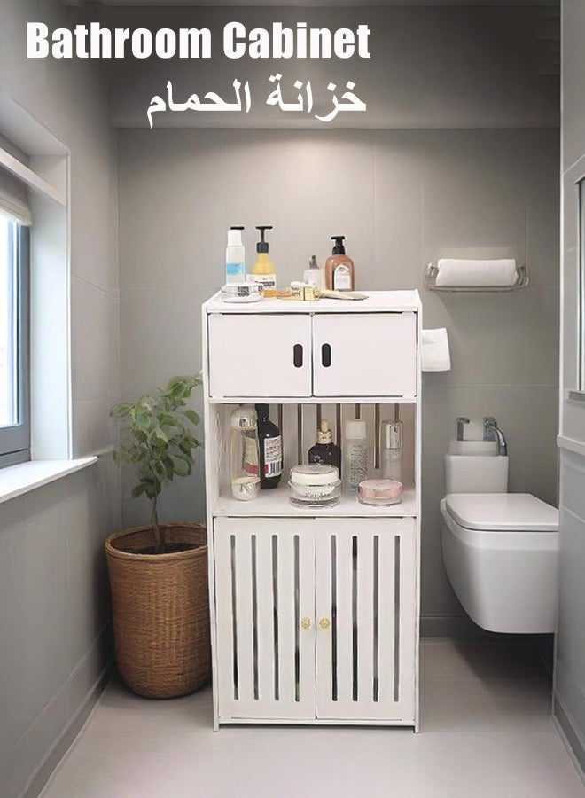 Bathroom Cabinet With Tissue Drawers, 4Tier Waterproof Bathroom Storage Rack, Bathroom Floor Storage Cabinet, Freestanding Bathroom Storage Shelf, Multifunctional Bathroom Cabinet, Storage Organizer with Open Storage shelves and Double Door, Cupboard for Bathroom Living Room Kitchen Corridor  - Image 1