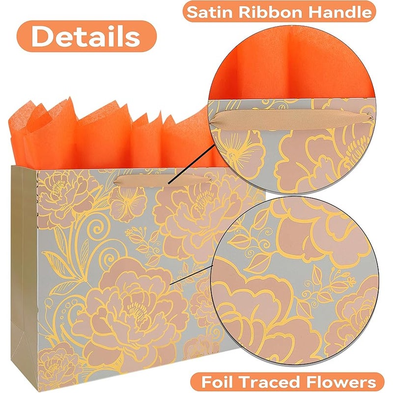 wishinside 16.5” Extra Large Rose Gold Gift Bag Set with Handles, Greeting Card, Tissue Papers and Stickers for Women Girls for Birthday, Wedding, Valentine's Day and Mother’s Day, Foil Traced Flowers Design, 1 - Image 4