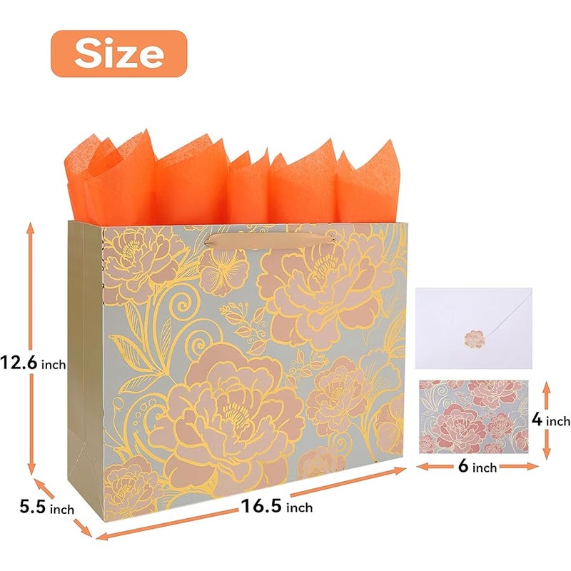 wishinside 16.5” Extra Large Rose Gold Gift Bag Set with Handles, Greeting Card, Tissue Papers and Stickers for Women Girls for Birthday, Wedding, Valentine's Day and Mother’s Day, Foil Traced Flowers Design, 1 - Image 2