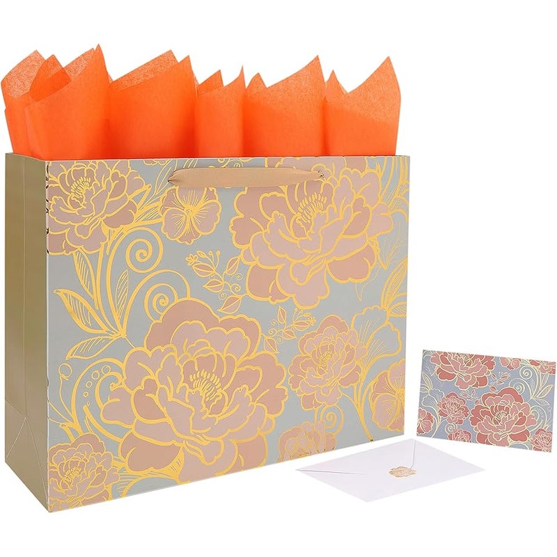 wishinside 16.5” Extra Large Rose Gold Gift Bag Set with Handles, Greeting Card, Tissue Papers and Stickers for Women Girls for Birthday, Wedding, Valentine's Day and Mother’s Day, Foil Traced Flowers Design, 1 - Image 1