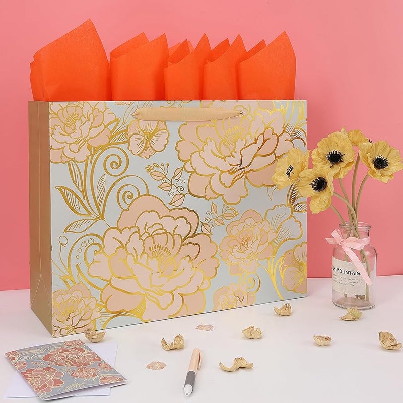 wishinside 16.5” Extra Large Rose Gold Gift Bag Set with Handles, Greeting Card, Tissue Papers and Stickers for Women Girls for Birthday, Wedding, Valentine's Day and Mother’s Day, Foil Traced Flowers Design, 1 - Image 5