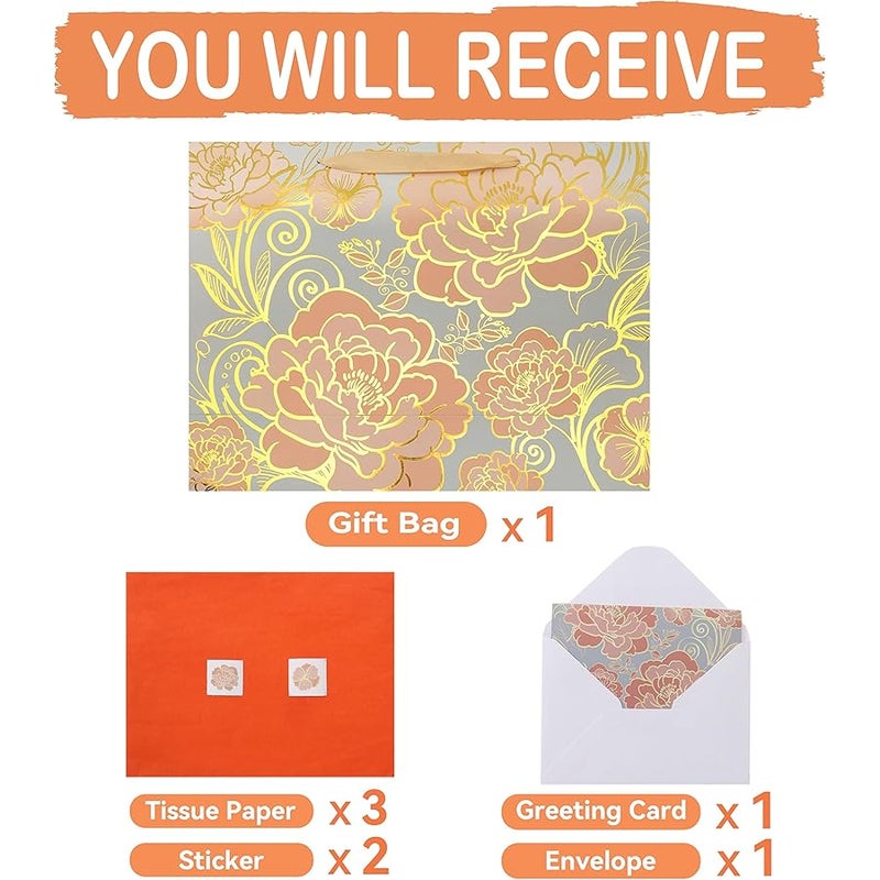 wishinside 16.5” Extra Large Rose Gold Gift Bag Set with Handles, Greeting Card, Tissue Papers and Stickers for Women Girls for Birthday, Wedding, Valentine's Day and Mother’s Day, Foil Traced Flowers Design, 1 - Image 3
