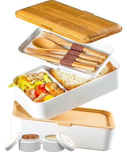 Umami Bento Box Adult AllIn1 w4 Utensils 2Sauce Jars 2 Dividers 100 Leakproof Microwave  Dishwasher Safe Stackable Bento Lunch Box Containers for MenWomen White  Tan 40 oz