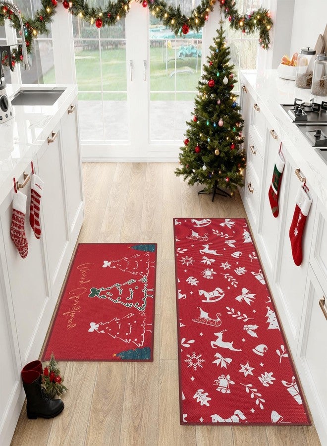SUMLANS Merry Christmas Kitchen Mat Set of 2 PCS, Non Slip Rugs for Kitchen Floor, Red Christmas Decor, Absorbent Runner Comfort Standing Mats Washable for Kitchen, Home (Tree, 17.3"x47"+17.3"x30") - Image 1