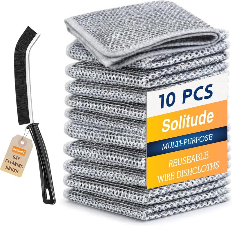 Solitude سوليتيود (11X كومبو) 10 قطع من قطعة قماش الأطباق السلكية غير الخادشة وفرشاة تنظيف الفجوات الصغيرة، قطع قماش سلكية متعددة الاستخدامات لغسل الأطباق للاستخدام الجاف والرطب، سهلة الشطف، قابلة لإعادة الاستخدام، قطعة قماش سلكية للتنظيف للمطبخ - Image 1