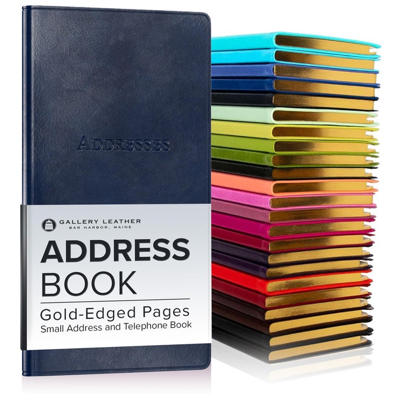 Gallery Leather Small Address Book with Alphabetical Tabs up to 403 Records, Leather Notebook Hardcover, Telephone and Address Books - 6x3.25", Pocket Address, Acadia Navy - Image 1