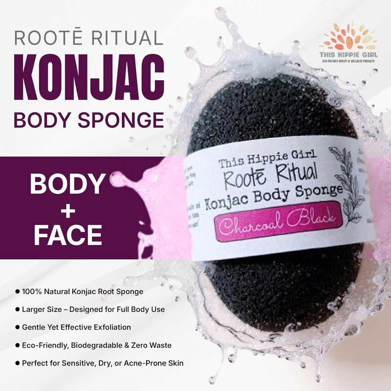 Boho Aromatic Roote Ritual Konjac Body Sponge 100 Natural Exfoliating Shower Sponge for Sensitive Skin Gently Deep Cleanses Softens EarthFriendly Biodegradable Vegan for Women Men Charcoal Black - Image 3