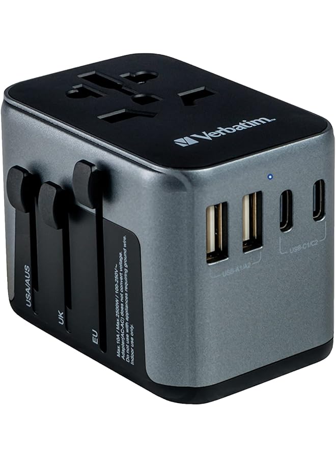 Verbatim Universal Travel Adapter UTA‑03 Socket Adapter with 2 USB‑A and 3 USB-C Ports, Fast Charger for Laptop, Mobile Phone, Camera and Co, Travel Plug Worldwide, 100-250 V - Image 1