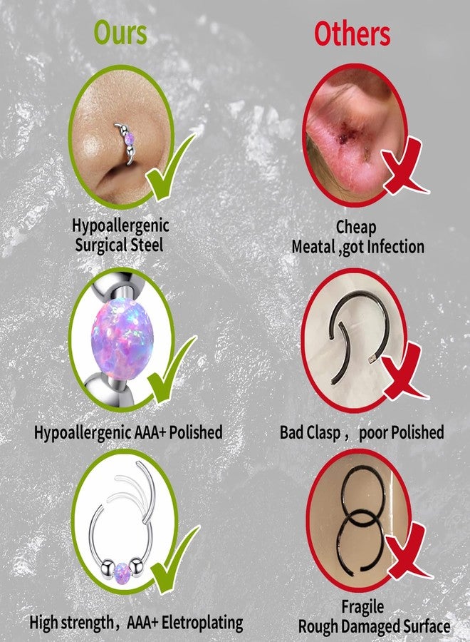 فوجو حلقة أنف من الأوبال VOJO عيار 18، مصنوعة من الفولاذ الجراحي 316L، حلقات الحاجز الأنفي، مجوهرات ثقب الأنف، حلقات 8 مم/10 مم للنساء (أوبال بنفسجي) - Image 5