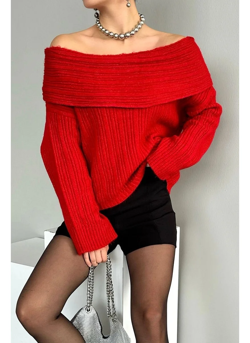 Ritnice Women's Moon Red Ruffle Collar Ribbed Knitwear Sweater