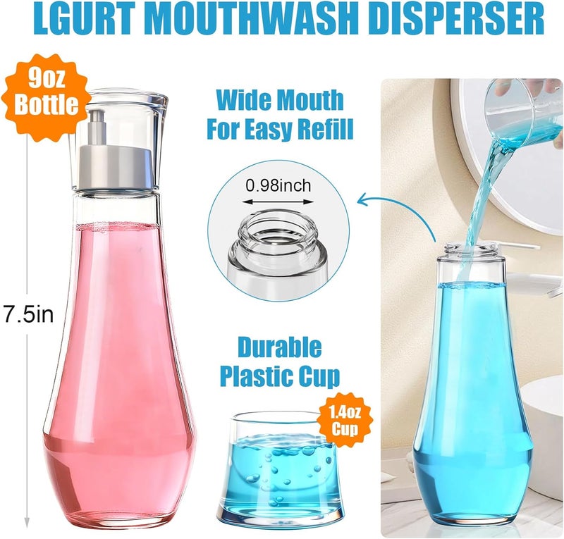 LGURT Glass Mouthwash Dispenser, 9 oZ Mouth Wash Container Bottle with Lid Cup, Refillable Dispenser for Bathroom and kitchen，Mouthwash Dispenser Decanter for Countertop - Image 2