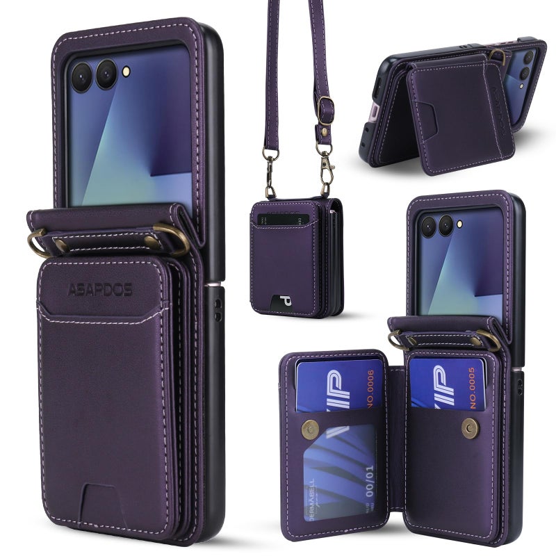 ASAPDOS for Samsung Galaxy Z Flip 7 PU Leather Wallet Phone Case with Card Slots (Holds 5 Cards), Anti-Drop Protection, Wrist & Shoulder Strap Purple - Image 1