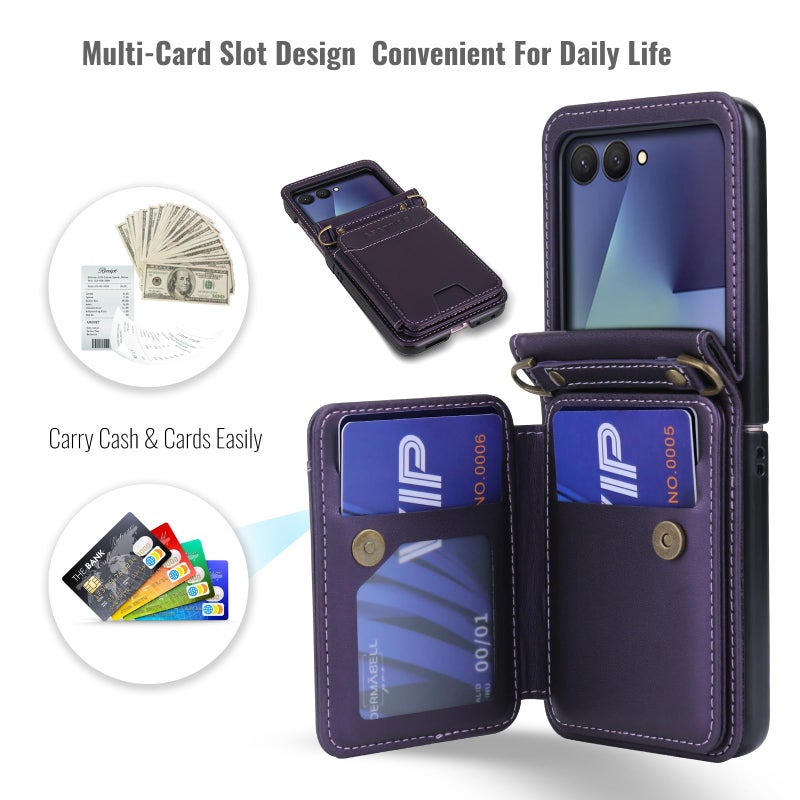 ASAPDOS for Samsung Galaxy Z Flip 7 PU Leather Wallet Phone Case with Card Slots (Holds 5 Cards), Anti-Drop Protection, Wrist & Shoulder Strap Purple - Image 2