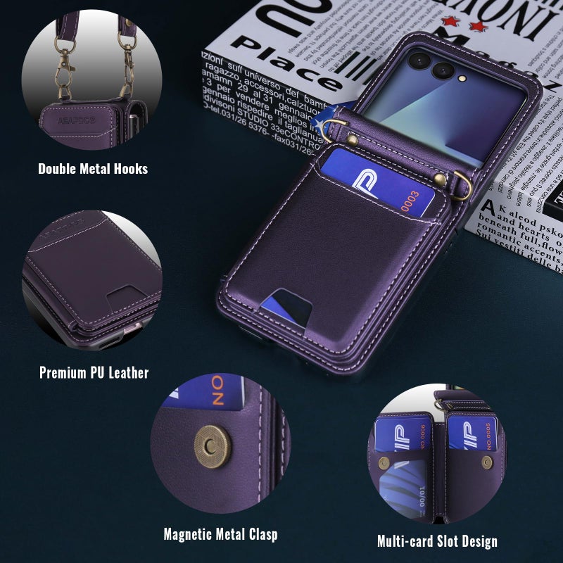 ASAPDOS for Samsung Galaxy Z Flip 7 PU Leather Wallet Phone Case with Card Slots (Holds 5 Cards), Anti-Drop Protection, Wrist & Shoulder Strap Purple - Image 3