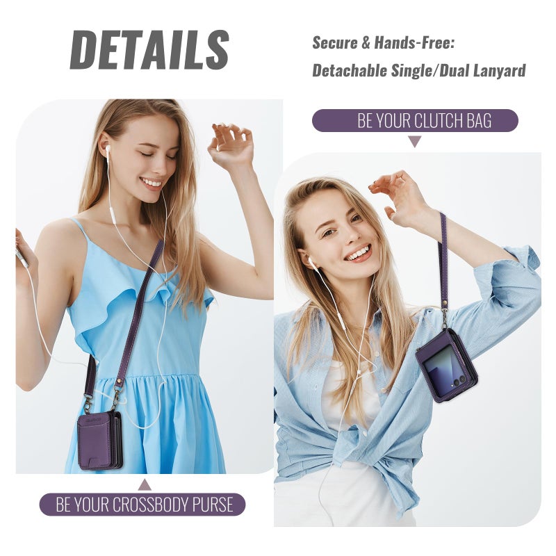 ASAPDOS for Samsung Galaxy Z Flip 7 PU Leather Wallet Phone Case with Card Slots (Holds 5 Cards), Anti-Drop Protection, Wrist & Shoulder Strap Purple - Image 4
