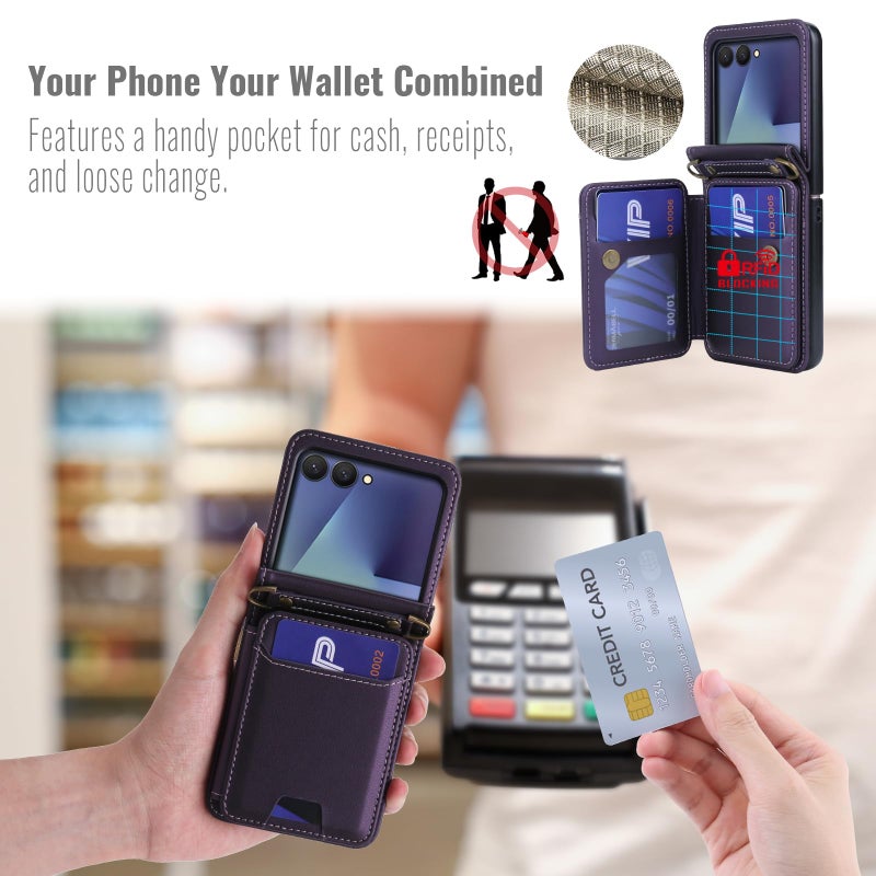 ASAPDOS for Samsung Galaxy Z Flip 7 PU Leather Wallet Phone Case with Card Slots (Holds 5 Cards), Anti-Drop Protection, Wrist & Shoulder Strap Purple - Image 5