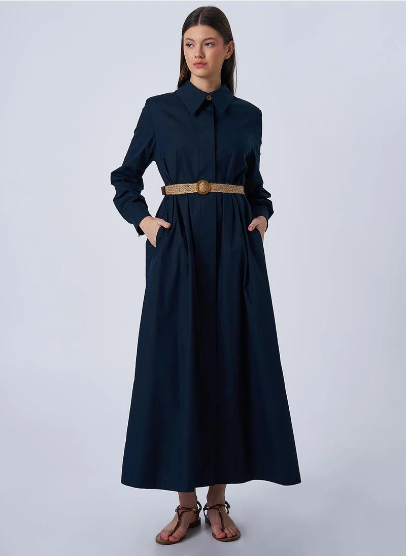 Kayra Woven Belt Detailed Poplin Dress Dark Navy